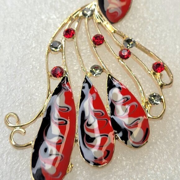 Peacock Chandelier Earrings Gold Red and Black Bird Earrings - Picture 6 of 7